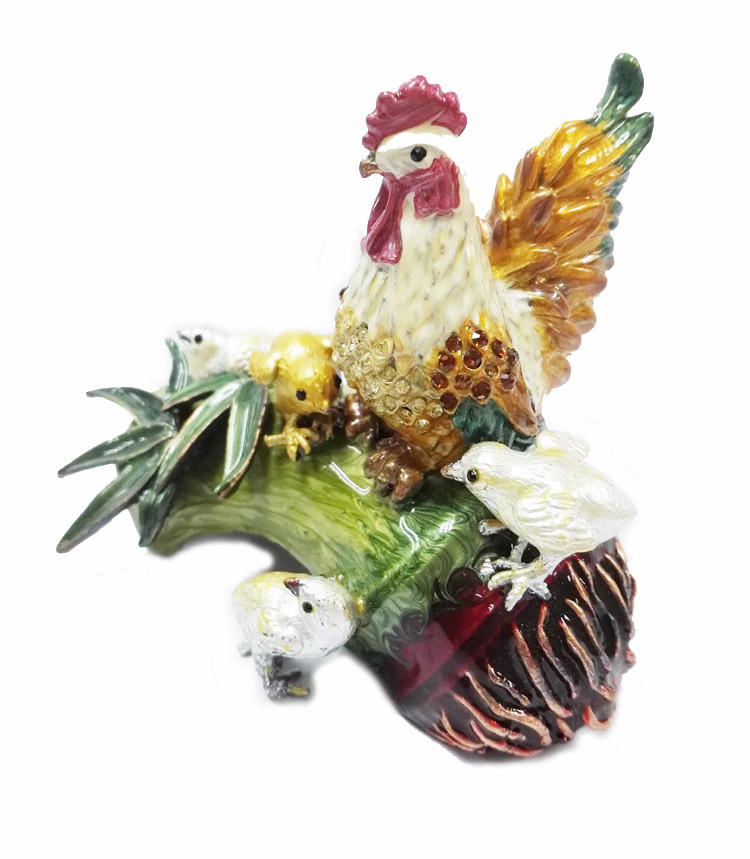 Hot sale antique rooster cock animal shape metal hand painted decortive jewelry box