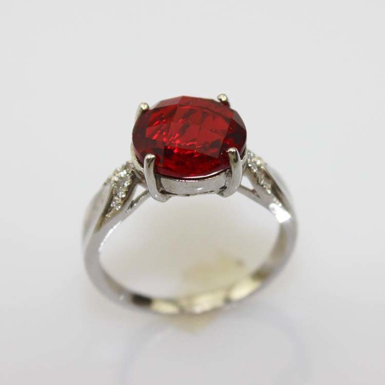 Round Garnet Cubic Zircon 925 Silver Ring with Whtie Gold Plated (R233)