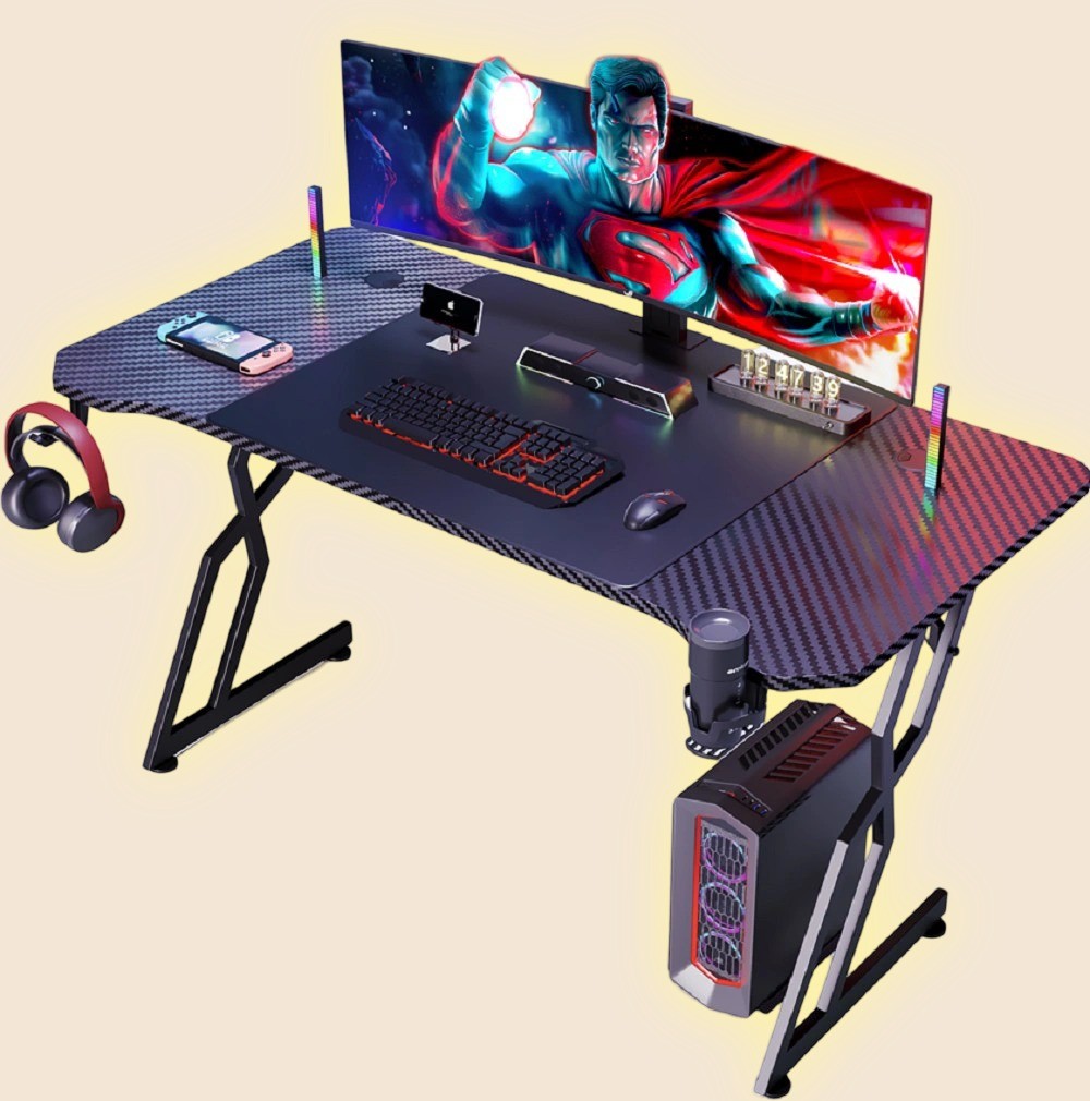 Ergonomically Designed Carbon Fiber Computer Desk With 1.2cm Particle Board And Carbon Fiber Cover Featuring Cup And Headset Holders