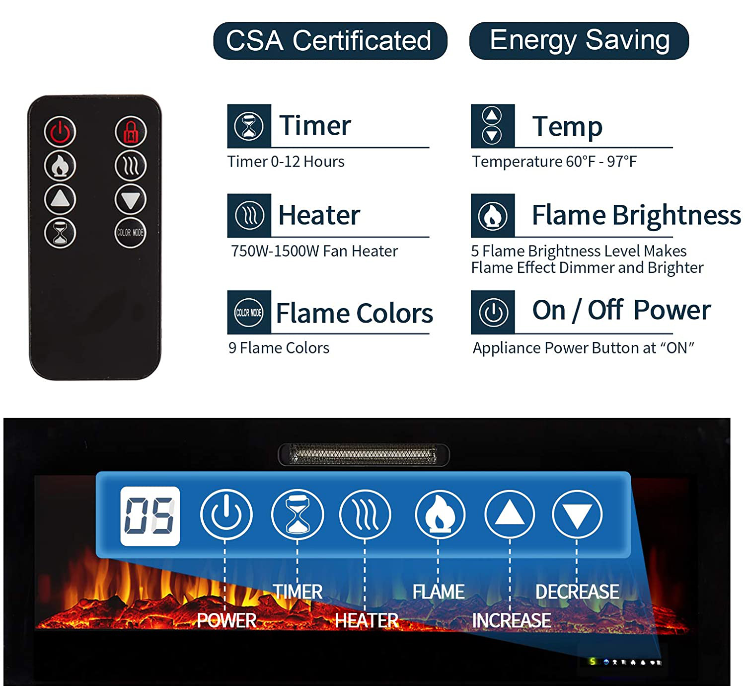 Linear Electric Fireplace Tisch Kamin with Self-Checking Function and 120V Voltage