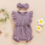 In Stock Summer Baby Girls Romper + Headband Cotton Linen Ruffles Sleeveless