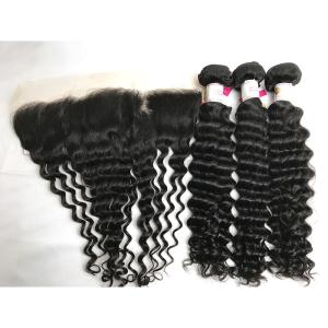 Quality Black 100% Brazilian Virgin Remy Hair Deep Wave 3 Bundles With 13x4 Lace Frontal wholesale