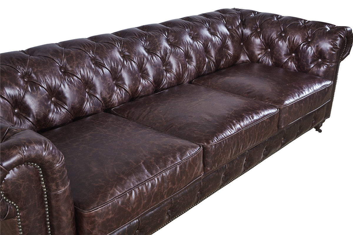 100% Full Vintage Soft Leather Sofa Solid Wood Frame With Deep Leather Buttons
