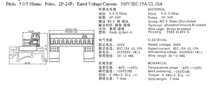 RD2EDG-UKR-5.0 5.08-KR Plug-in terminal block green 2-24P wire connecting