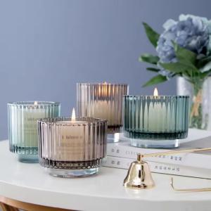Quality Unique Design Candle Holder Vertical Striped Home Decoration Candle Container Amber Blue Pink wholesale
