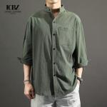 Solid Pattern Formal Men's Shirt Long-Sleeved Cotton Linen Chinese Style Loose