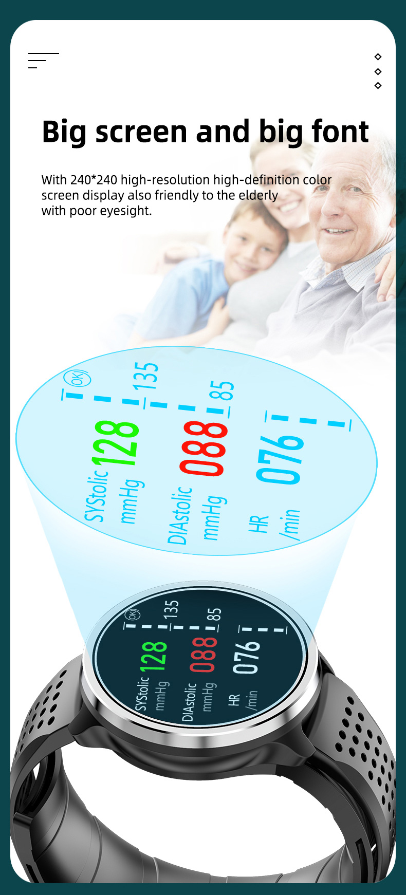 Air Pump Accurate ECG Blood Pressure Health Monitor Smart Watch P30 1.3 Inch For Healthcare