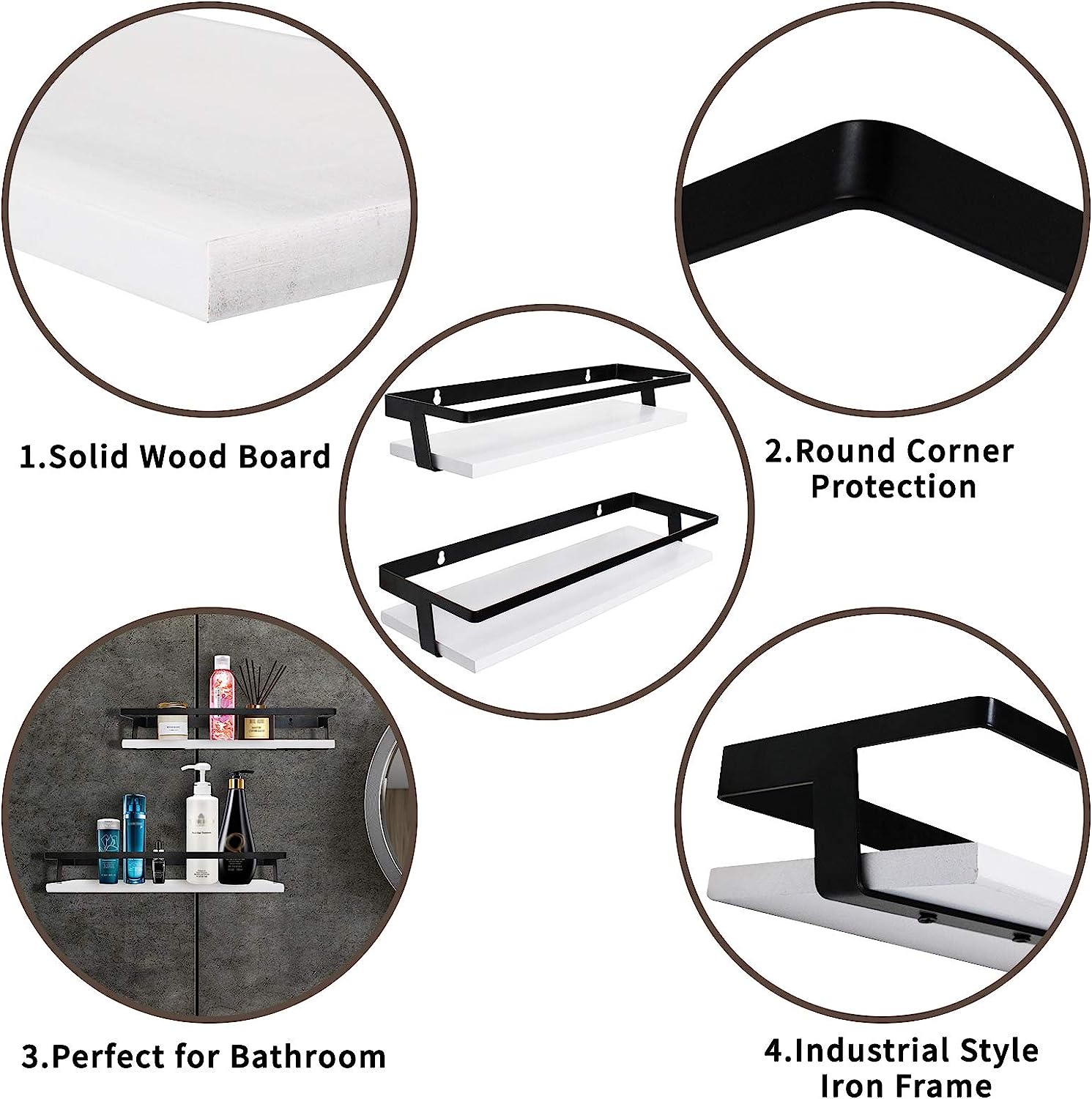 Metal Frame Bathroom Wall Shelf Powder Coated Wood Storage Shelves for Kitchen Decor