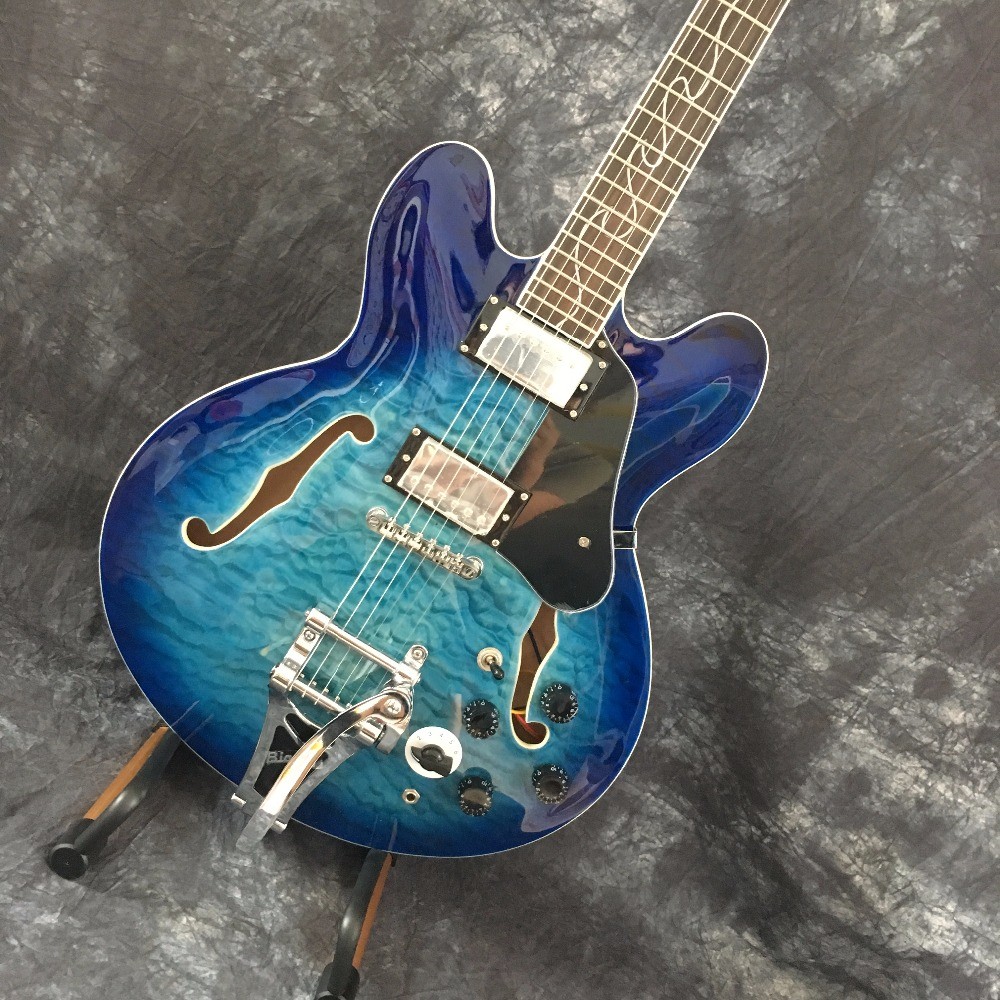 Semi hollow shell Archtop guitar Quilted maple trans-Blue with Bigsby