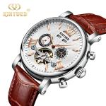 KINYUED J017-4 Gold Case Black Dial Leather Strap Complete Calendar Skeleton
