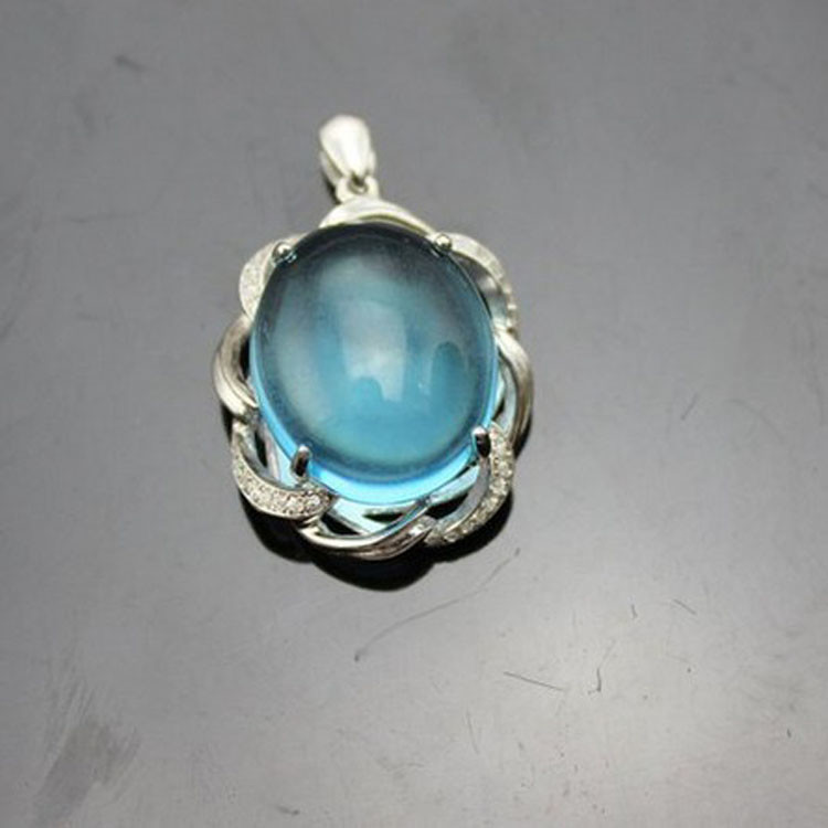Women Fashion Jewelry Oval Dome Blue Topaz Cubic Zircon 925 Silver Pendant Necklace (P42)