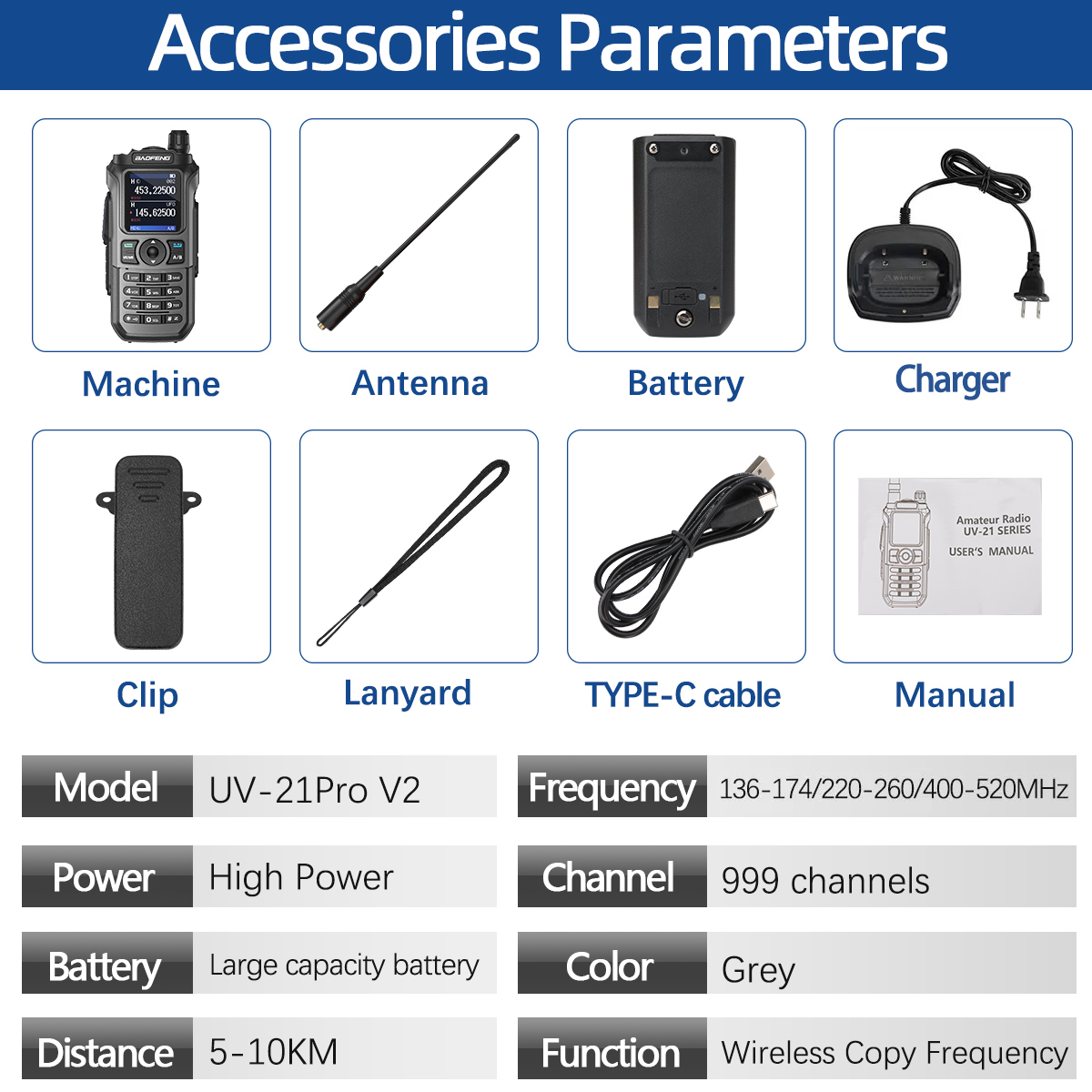 Baofeng UV-21Pro V2 Ham Radio Type C Charging NOAA AM Two Way Radio Tri Band High Capacity UV21 Walkie Talkie Long Range