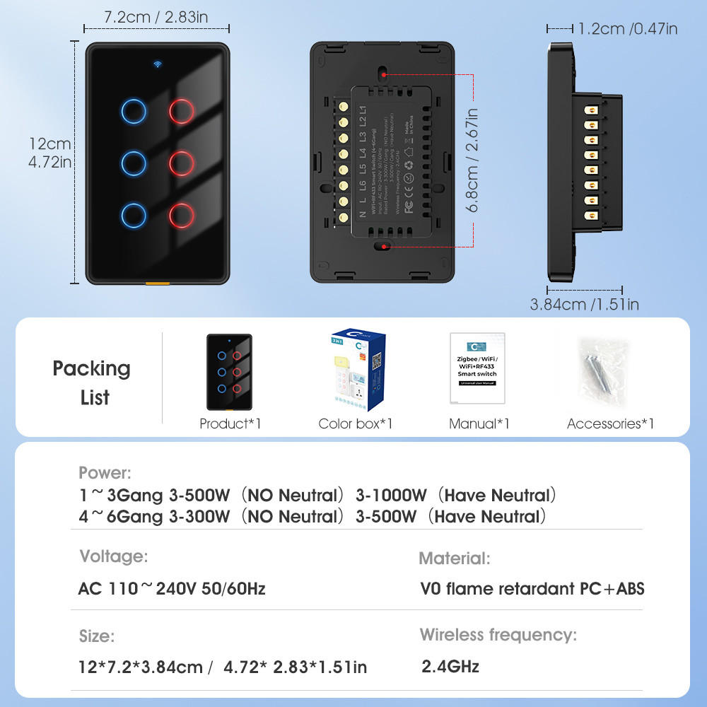 Tuya WiFi Switch Timing 6 Gang Voice App Alexa Google Home No Neutral Wire WiFi RF433 US Light Switch Smart Home