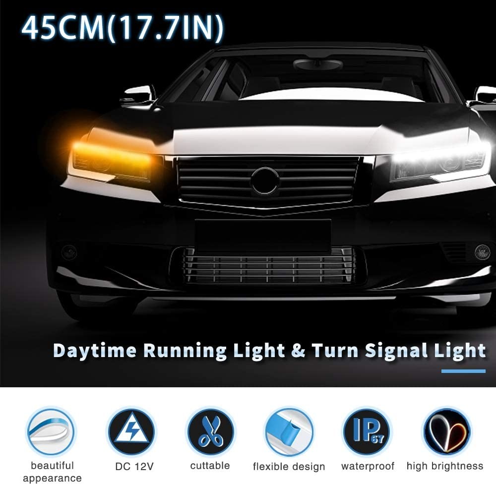 Flowing Bar Silicone Drl Daytime Running Lights 45CM 17.7" White Amber Flexible LED Tube Strip