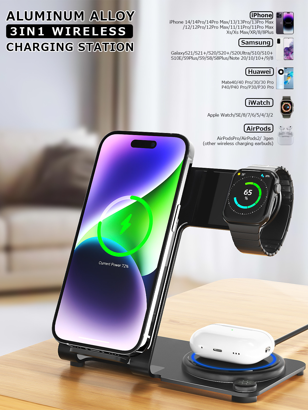 Stylish 3 In 1 Aluminum Alloy Wireless Charging Stand with High Charging Effeciency