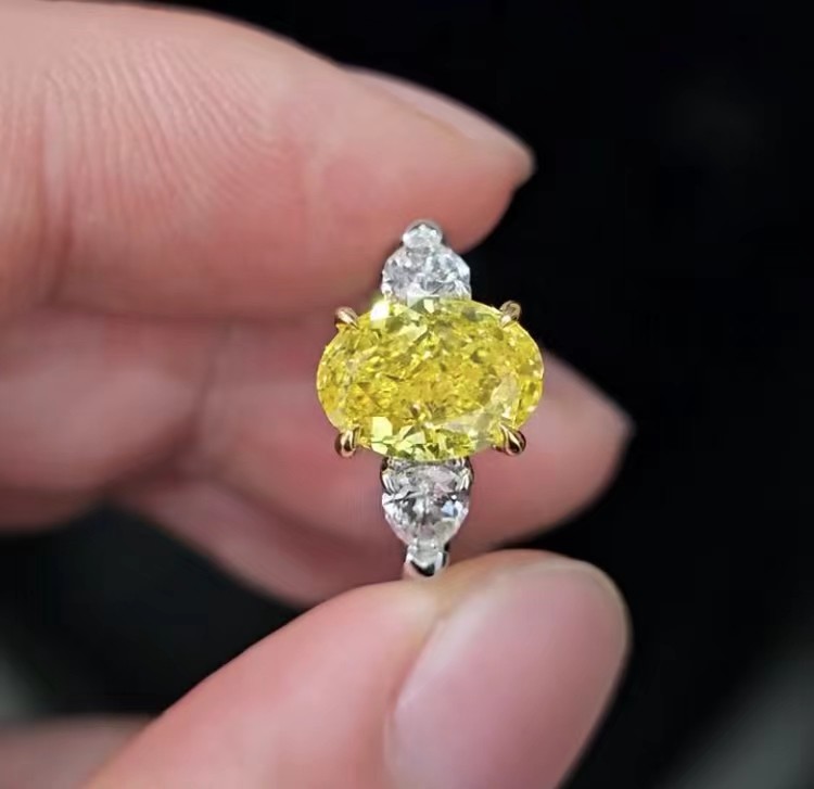 Fancy Vivid Yellow Lab Grown Diamond Rings Lab Created Colored Diamonds Three Stone Ring