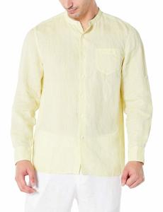 Quality Goose Yellow Chambray Spring Button Up Shirts Yarn Dyed Mens Linen Band Collar Shirt wholesale