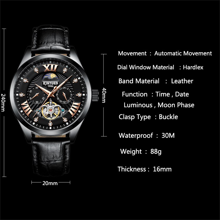 Brand KINYUED Mechanical mens watch luxury luminous moon phase skeleton watch automatic mechanical watch