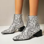 Snakelike Print Flat Zip Up Ankle Boots Slip On Round Head Square Heels