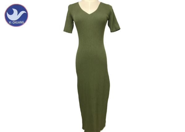 V Neck Short Sleeves Summer Womens Knitted Dresses Green Ribs Design Viscose