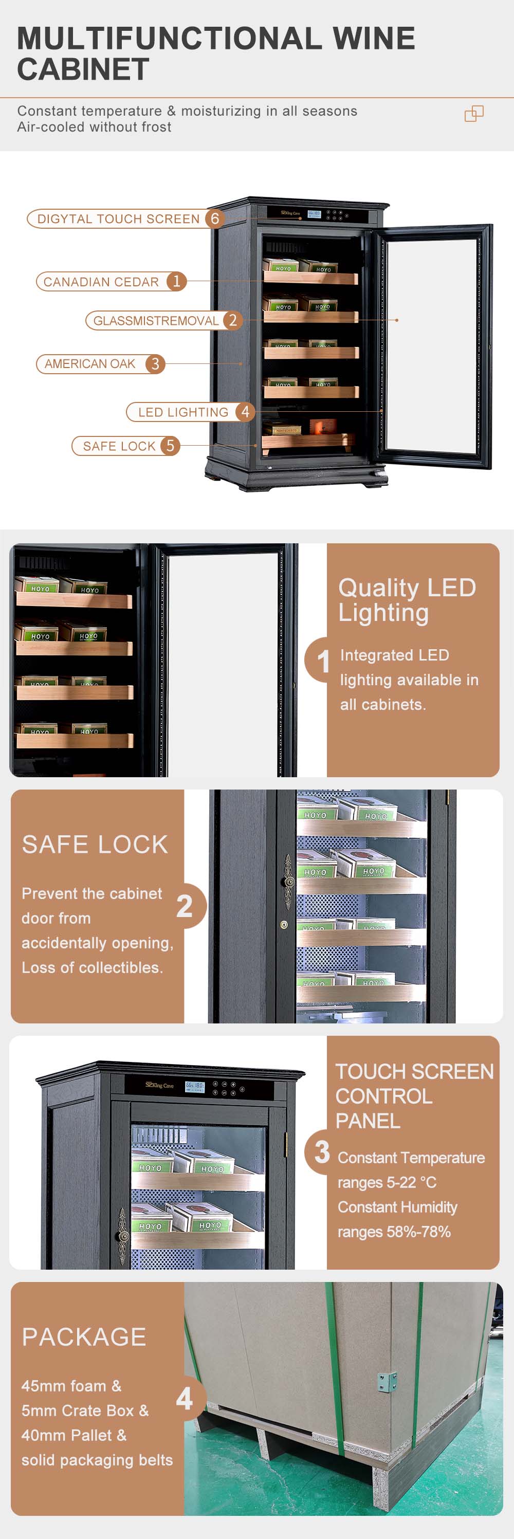 Wood Frame LED Light Single Glass Door Electric Cigar Cooler Humidor Cabinets