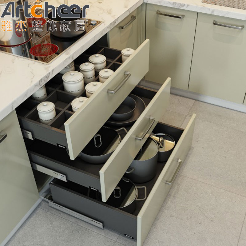 Green Color Quartz Stone Top U Shape Kitchen Cabinet for Modern Stylish Kitchen Design