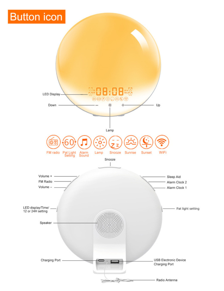 2022 New Smart APP Sunrise Wake up Light Alarm Clock with 8 Natural Music Sunrise Simulation Bedside Night light with FM