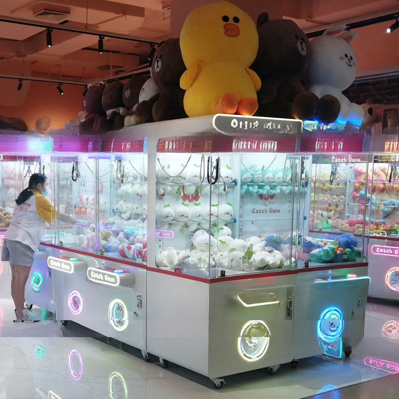 Earn money coin operated fully transparent hardware cabinet doll machines for stuff toys