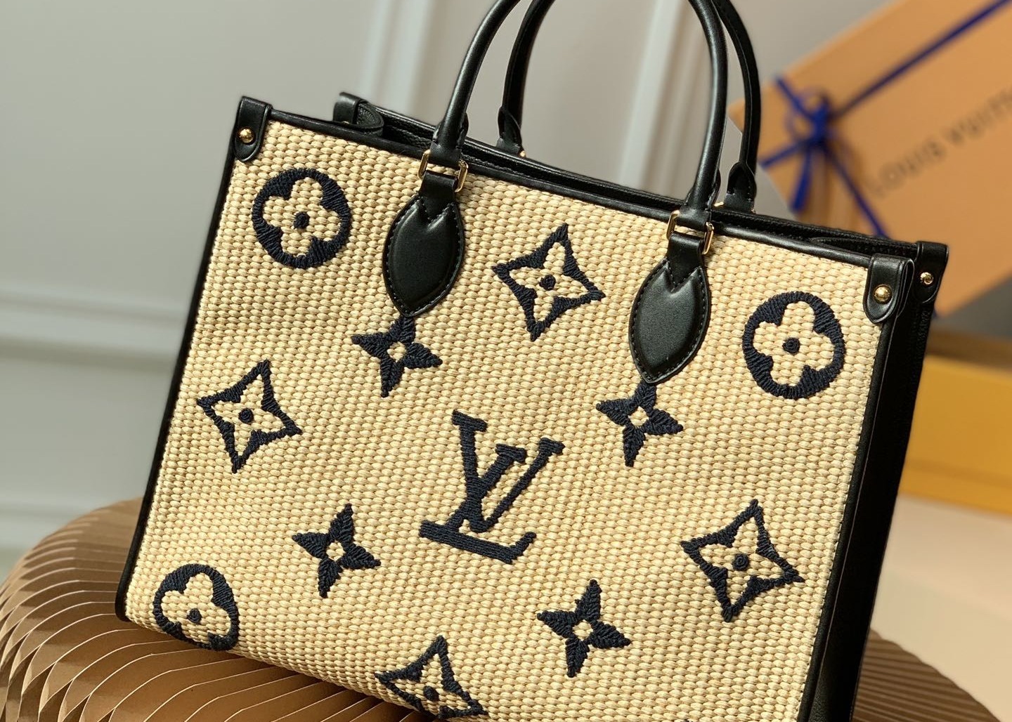 M57723 Monogram Raffia Woven And Monogram Giant Embroider LV Letters Tote Handbag