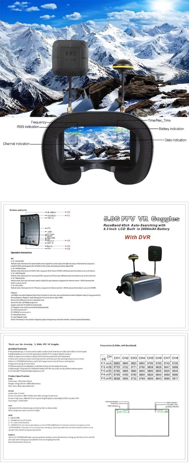 008D 4.3Inch FPV Accessories Digital DVR Diversity Goggles Dual Antenna 2000mAh