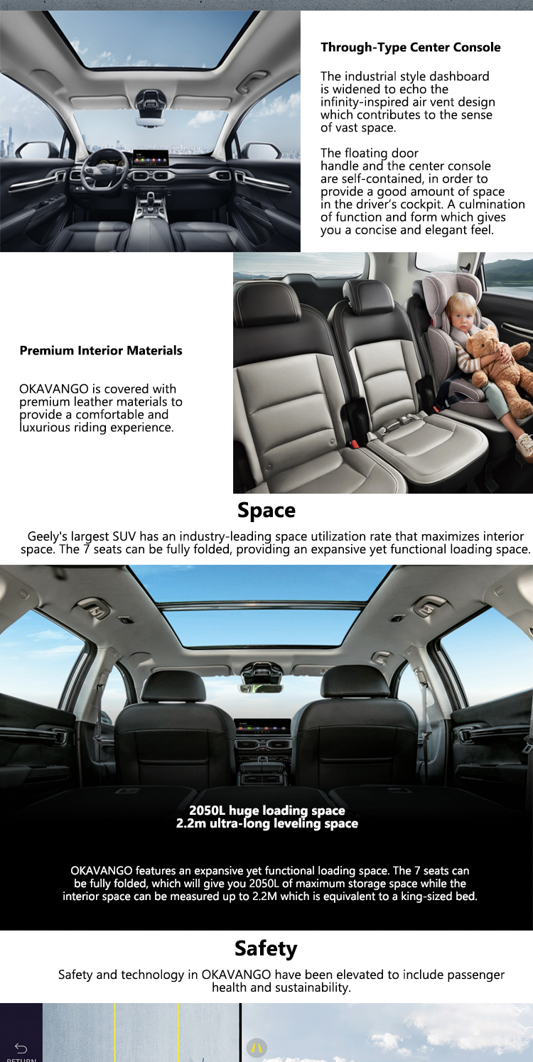 Geely Okavango 2023 Chinese LED Camera Electric Leather Turbo Multi-function Automatic SUV with Electric Front Window