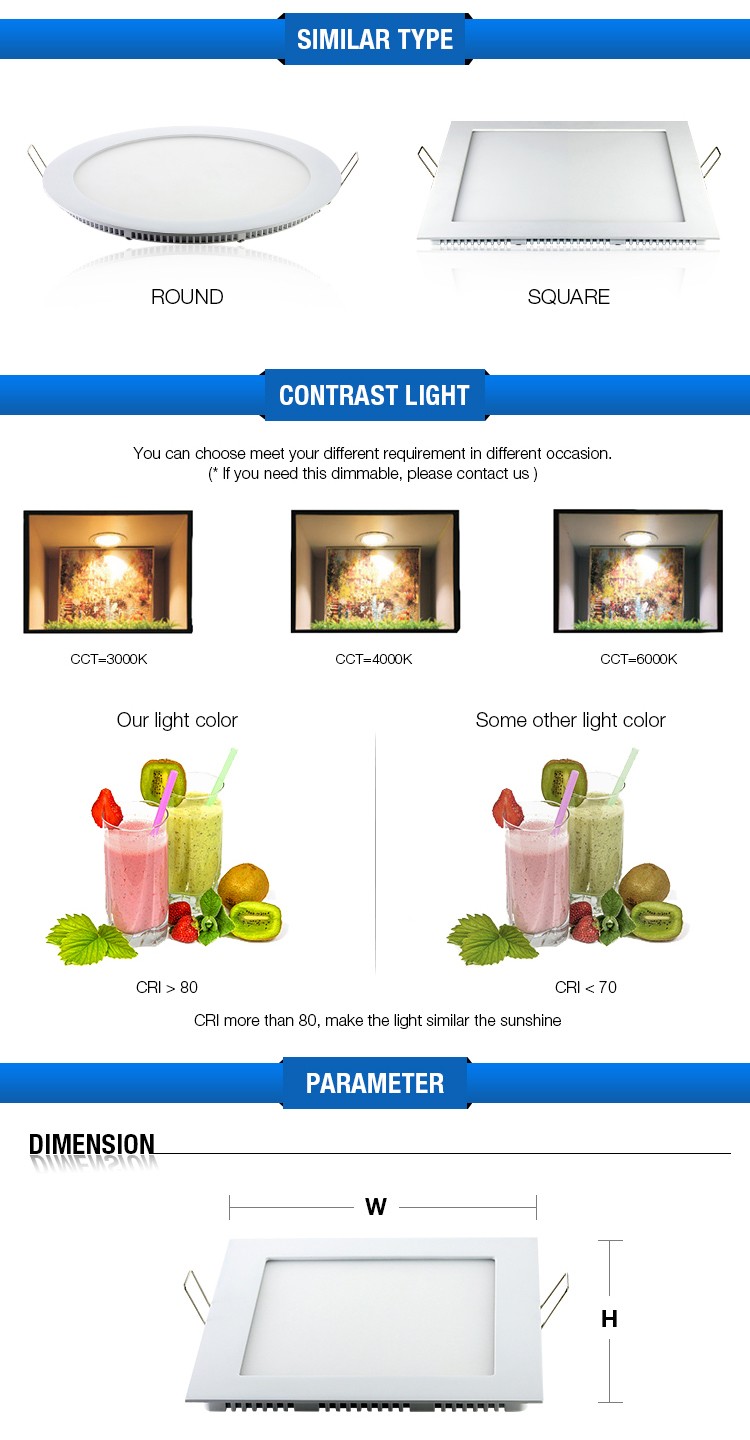 Dimmable small CE ROHS 3000k 4000k 6000k square led down panel light