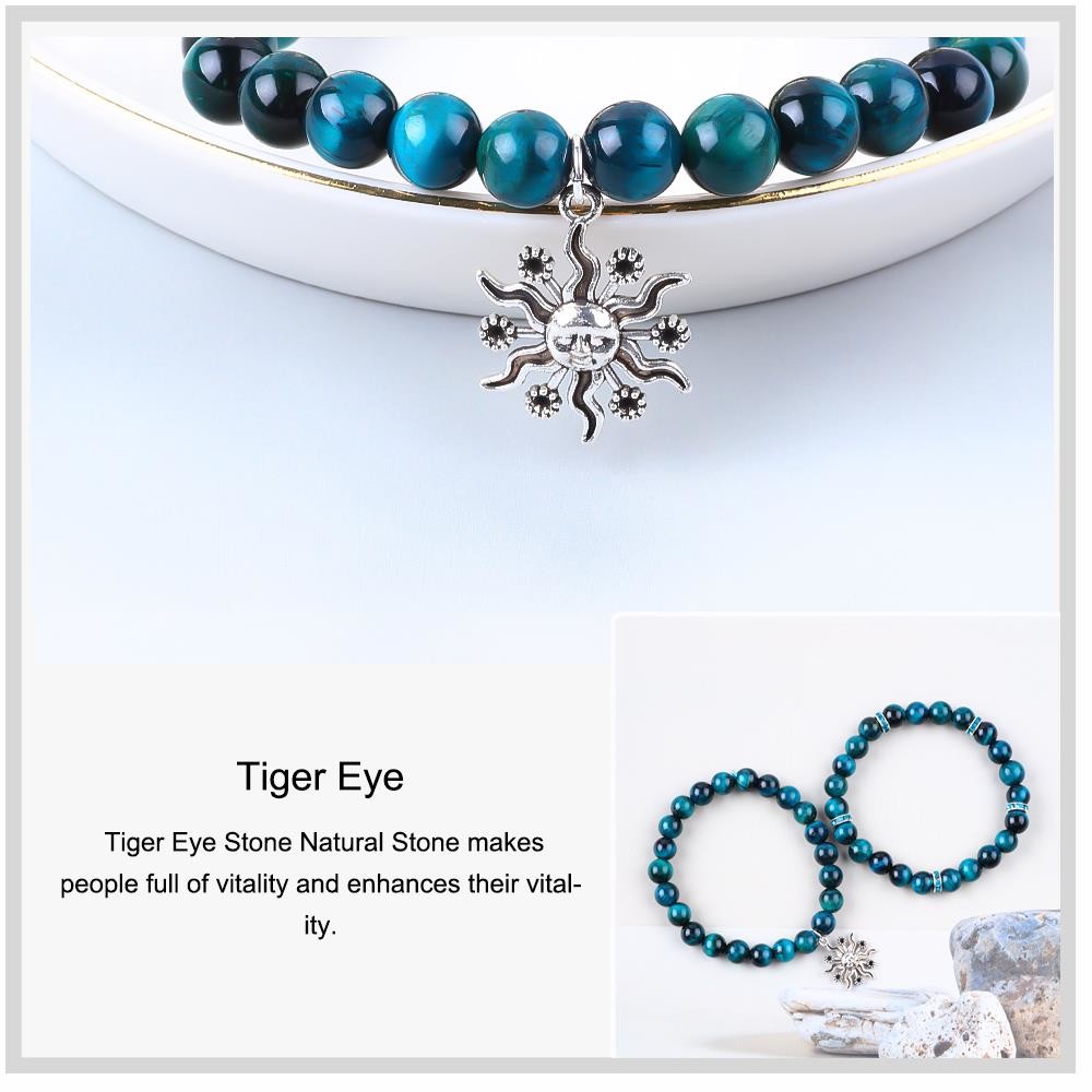 Handmade Elastic Round Turquoise Blue Tiger'S Eye Stone Beaded Stretch Bracelet