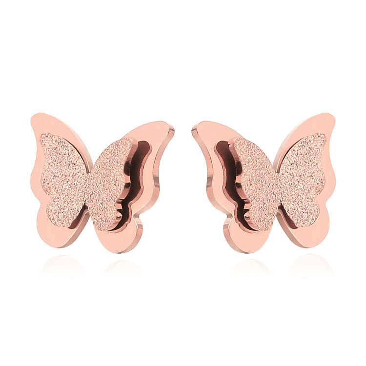 Free Shipping Stainless Steel 18K Rose Gold Plated Double Butterfly Stud Earrings For Women and Girl