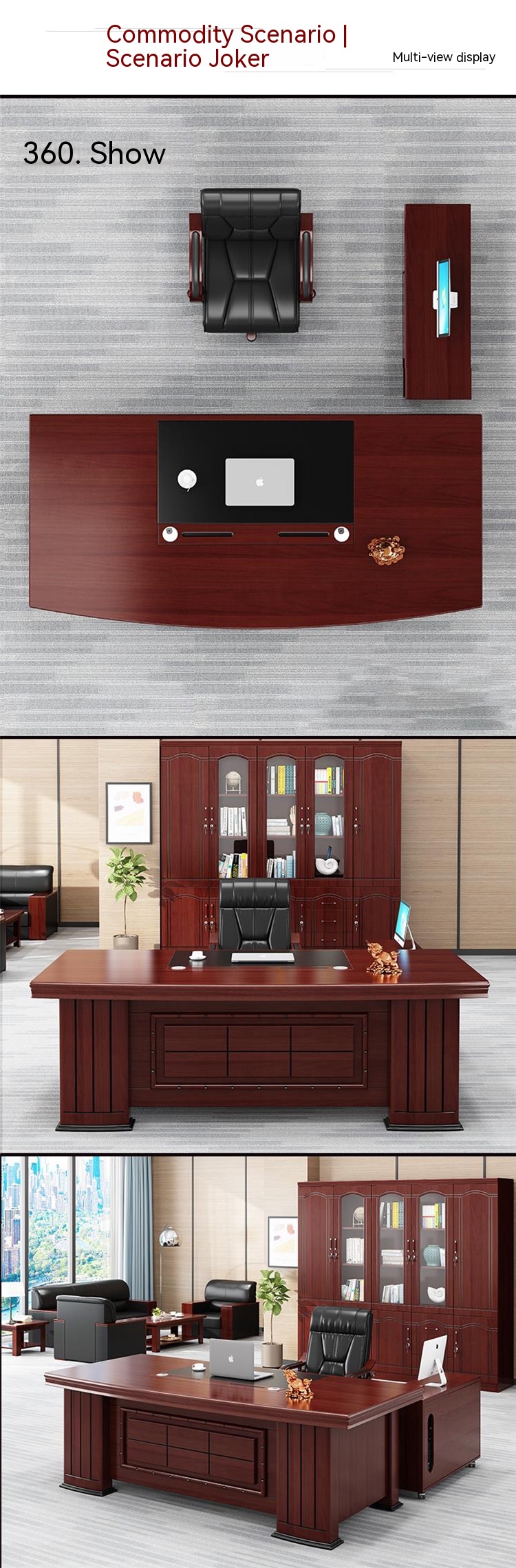 Solid Wood Executive Office Set for Executive Desk and Chair in Vintage Mahogany
