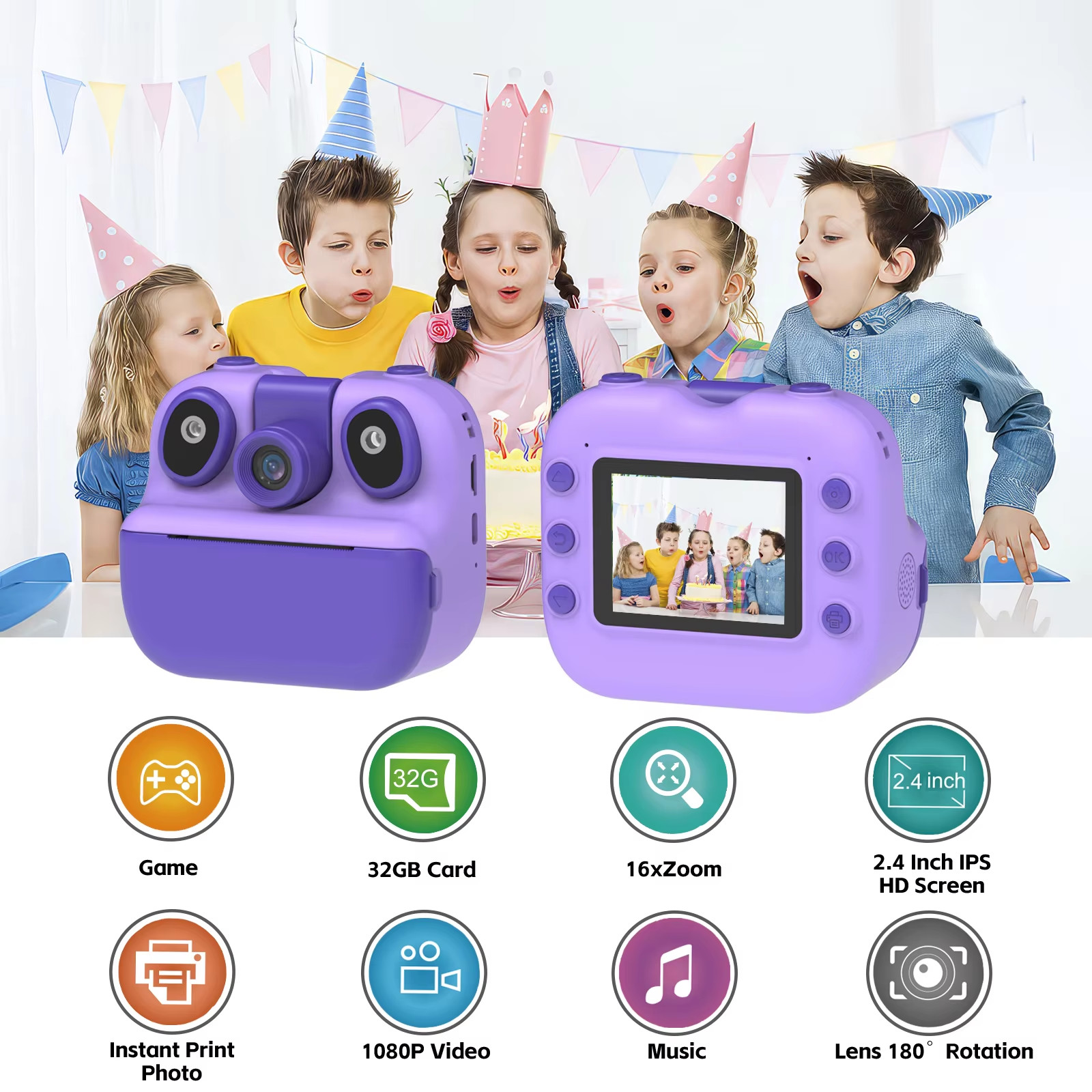 180 Degree Rotation 16xZoom 1080P Full HD Instant Print Micro SD Filter Camera