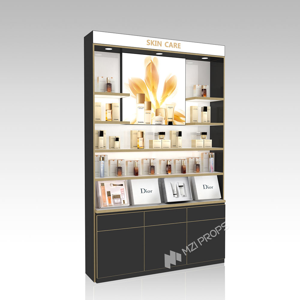 DYaS-VK-3 Skincare Display Cabinet with 40mm Acrylic Lightbox and Gold Edging