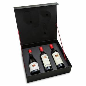 Quality bespoke three bottle red wine box black soft touch liquor box with ribbon wholesale