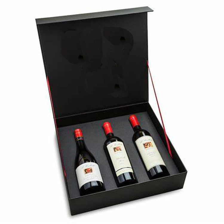 bespoke three bottle red wine box black soft touch liquor box with ribbon
