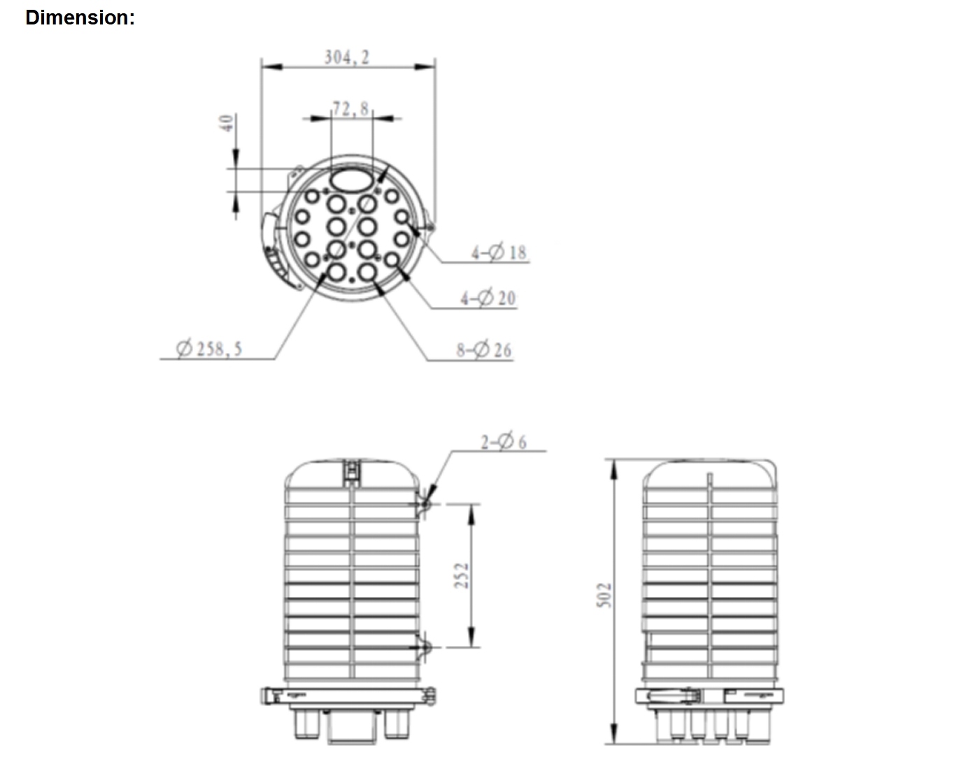 24/48/96/144/288 Core Dome Type Fiber Optic Splice Closure Joint Temperature -35C-70C