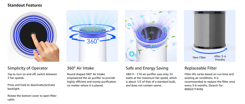 Cylinder Smart Portable Air Purifier For Home With True Hepa Filter Negative Ion