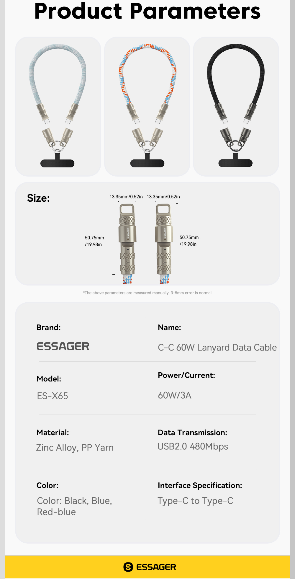 ESSAGER ES-X65 Series 60W Charging + Lanyard Style USB C to USB C Cord