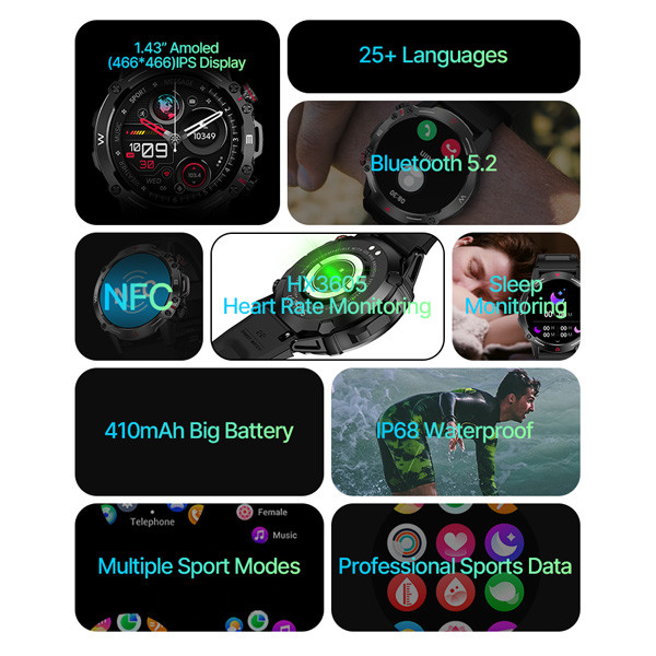 1.43" Sturdy Rugged Outdoor Smartwatch With RAM 192KB Flash Memory