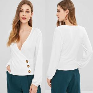 Quality Long Sleeve Ribbed Buttoned Crossover Top T Shirt Clothing Women wholesale