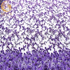 Quality Sparkling Glitter Purple Embroidered Lace Fabric Luxury Pearls For Evening Dress wholesale