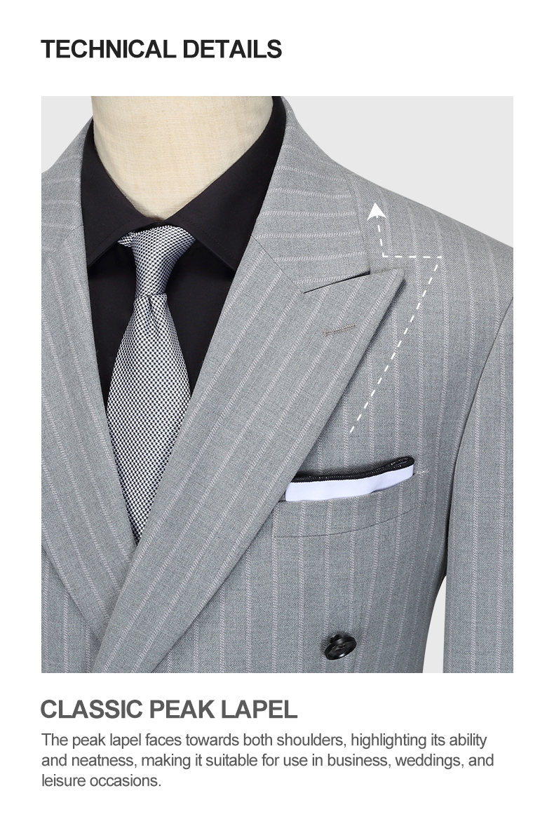 Business Needs Business Suits Gray Striped Double-breasted Gun Lapel Slim Fit 3 Pieces