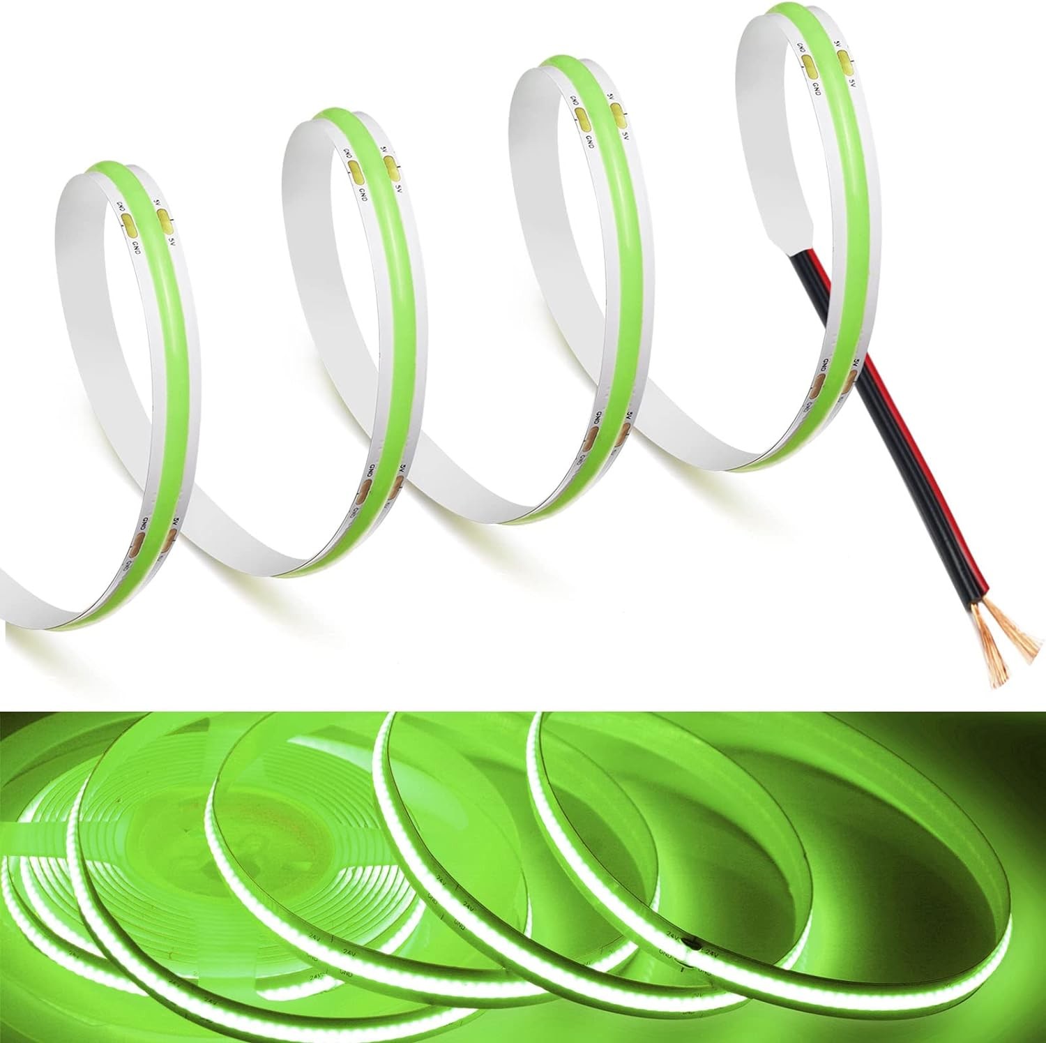 Certified Green sigle color LED Strip Lights Cob with 480 Leds 24V Dimmable for Colorful Lighting Solutions
