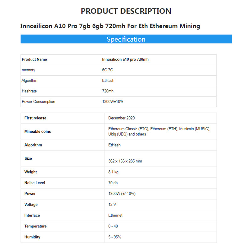 720M 720MH Innosilicon A10 Pro Eth Miner 6G 7G 1300W Power