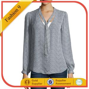 Quality Dark Navy Long Sleeved Printed Blouse wholesale
