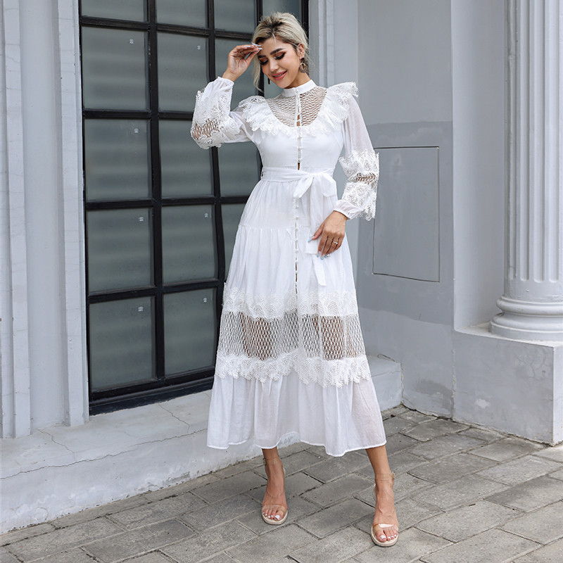 Embroidered Long Sleeve Lace Maxi Dress Plain Pattern For Wedding